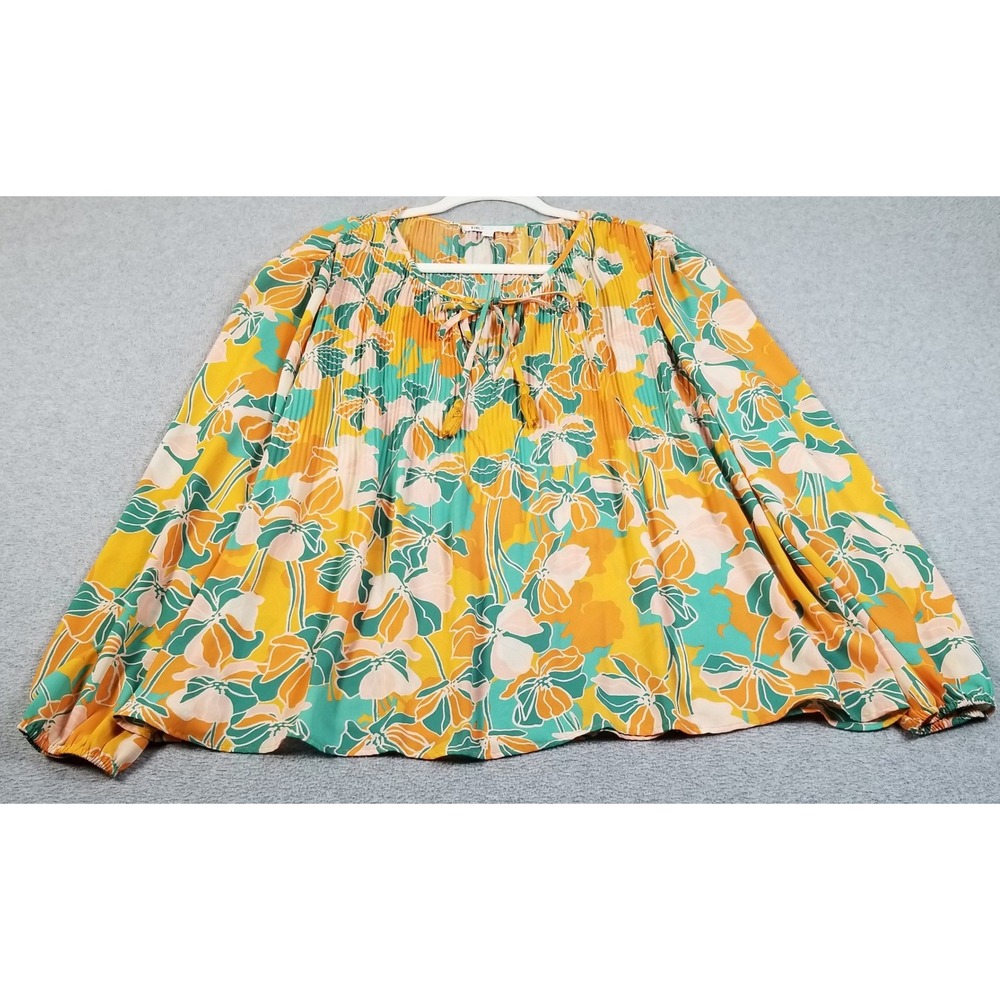 DR2 Blouse Womens L Large Orange Green Floral Pleated Tassel‎ Boho Peasant Top
